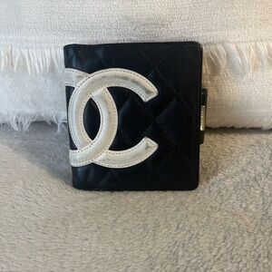 Chanel authentic Cambon line coco mark bifold leather wallet pink and black CC